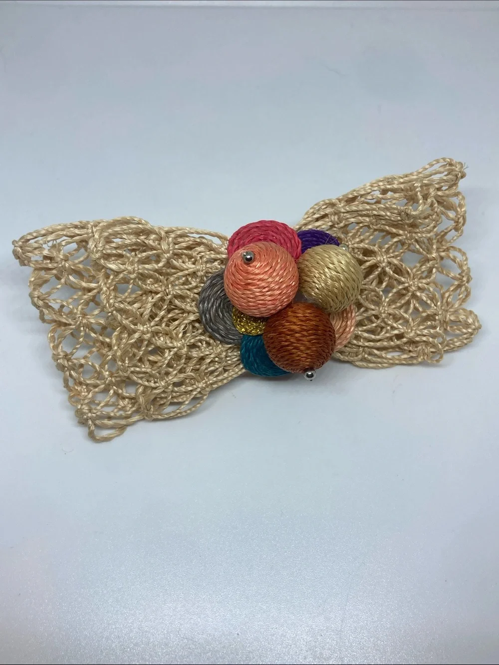 Beige Woven Bow with Multicolor Ball Cluster